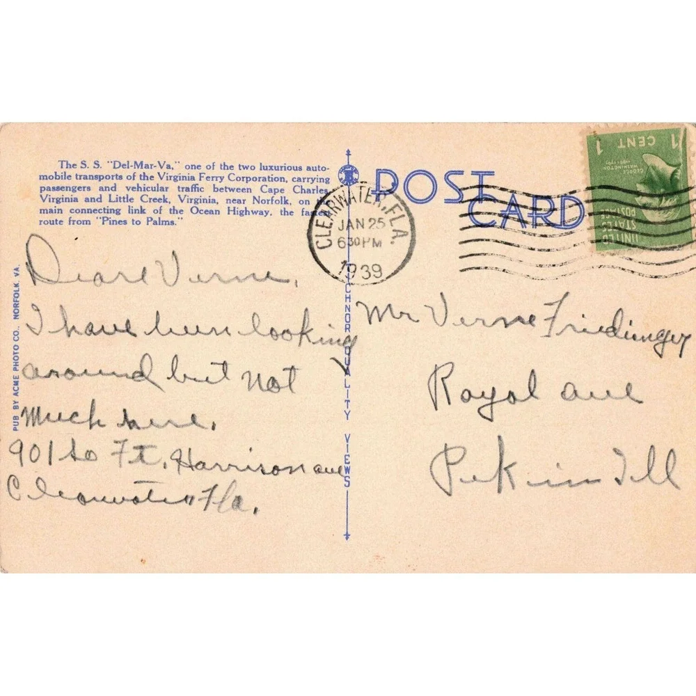 SS Del-Mar-Va Virginia Ferry Corp Little Creek Cape Charles VA Linen Postcard